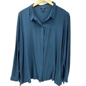 Eileen Fisher 100% Silk Button Front Blouse Washable Silk Georgette Teal Size 1X